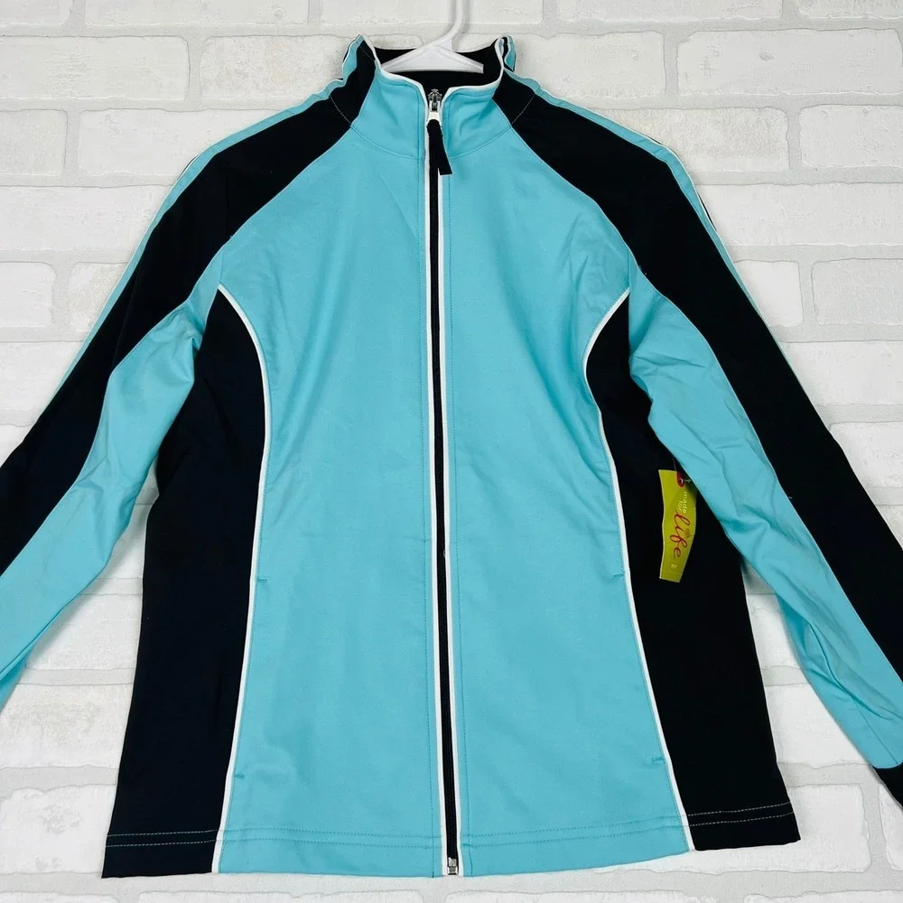Made For Life Womens Petite Small Aqua Black Full Zip Athletic Jacket NWT‎